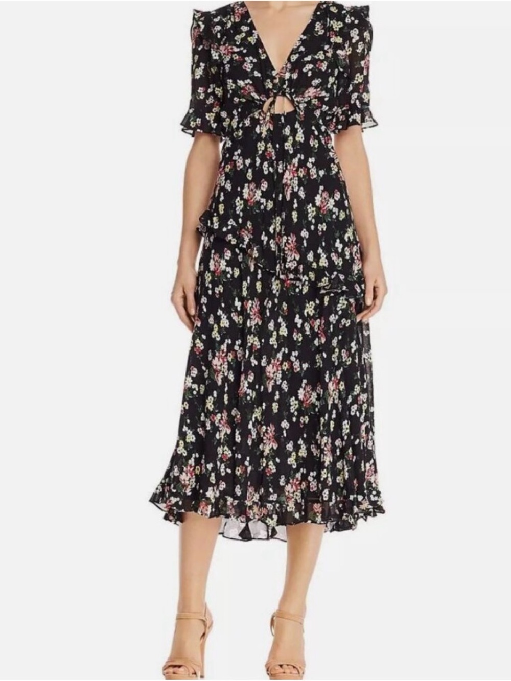 Jill Stuart Black Floral Tie-Front Midi Dress